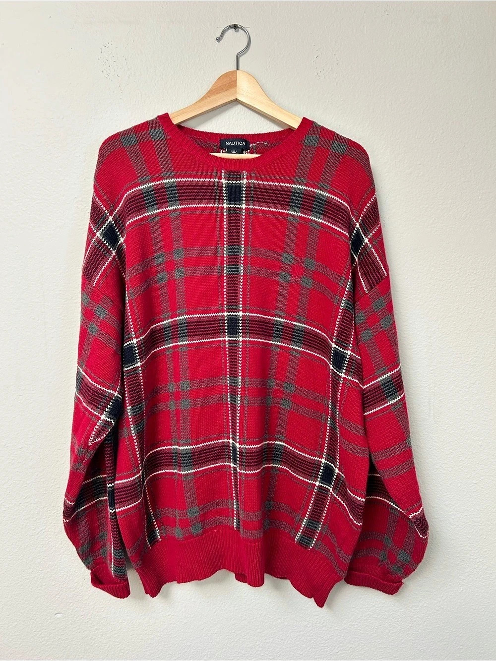Vintage Nautica Men's Plaid Cotton Crewneck Sweater
